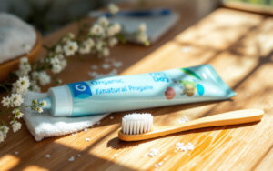 image-dune-brosse-a-dents-avec-du-dentifrice-naturel-sur-un-comptoir-de-salle-de-bain-en-bois-mettant-en-avant-un-sourire-sain-et-baigne-par-la-lumiere-du-matin