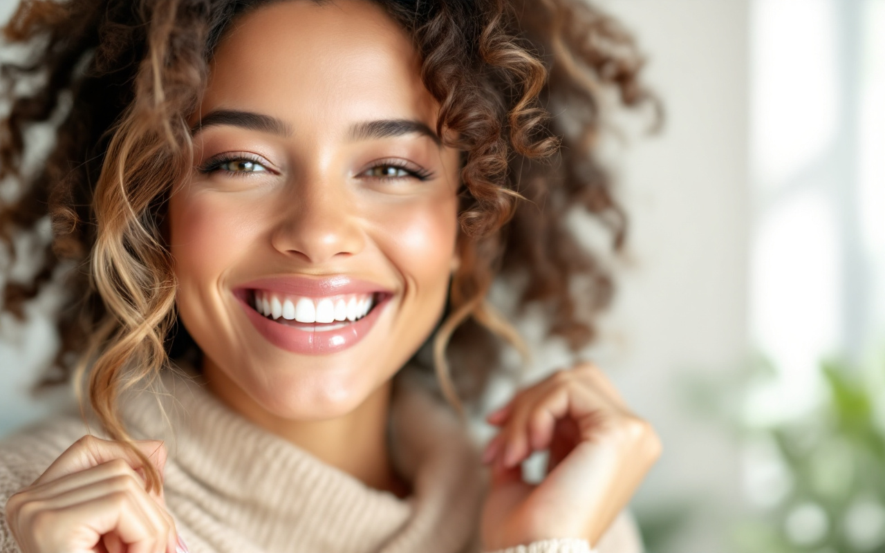 Une femme souriante montrant ses dents brillantes, illustrant sa routine de soins dentaires. L'image d&eacute;gage une atmosph&egrave;re joyeuse et lumineuse, mettant en avant la sant&eacute; dentaire.