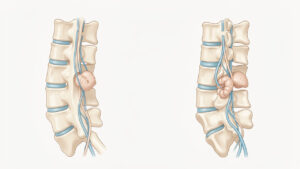 Illustration médicale de la colonne lombaire montrant une hernie discale comprimant les racines nerveuses de la queue-de-cheval sur un fond clair.