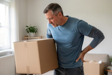Homme d’âge moyen se tenant doucement le bas du dos après avoir soulevé un carton lourd dans un intérieur lumineux.