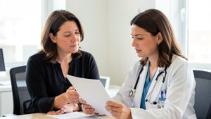 Une femme échange avec une médecin au sujet de migraines récurrentes dans un cabinet médical lumineux.