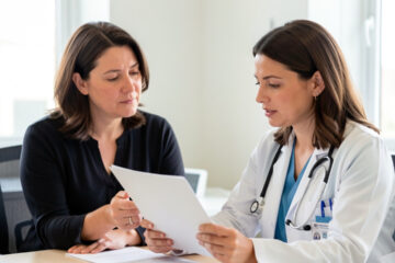 Une femme échange avec une médecin au sujet de migraines récurrentes dans un cabinet médical lumineux.