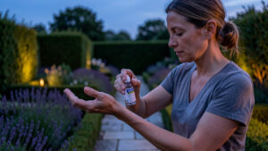 Illustration médicale réaliste d’une femme appliquant un répulsif anti-moustiques sur son avant-bras au crépuscule, dans un jardin français.