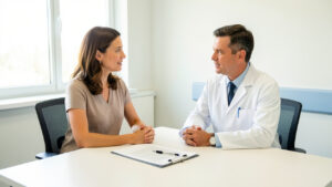 Une patiente adulte échange calmement avec un oncologue-radiothérapeute dans une salle de consultation hospitalière lumineuse, avec des documents de soins vierges sur le bureau.