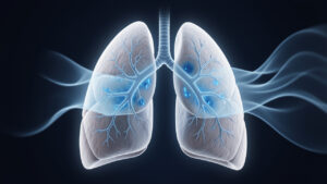 Illustration médicale réaliste de poumons humains montrant une accumulation discrète de liquide bleu dans les alvéoles, dans un contexte clinique et non graphique.