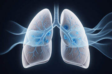 Illustration médicale réaliste de poumons humains montrant une accumulation discrète de liquide bleu dans les alvéoles, dans un contexte clinique et non graphique.