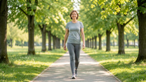 Femme adulte marchant naturellement dans un parc lumineux, dans une ambiance évoquant la santé et la prévention du mal de dos.