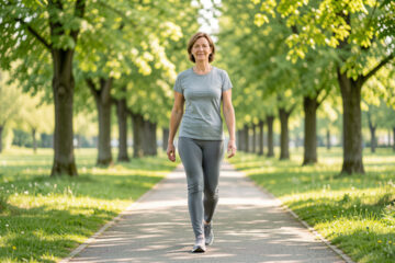 Femme adulte marchant naturellement dans un parc lumineux, dans une ambiance évoquant la santé et la prévention du mal de dos.