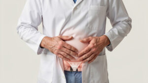 Illustration médicale sobre montrant un homme adulte indiquant la région de l’aine, avec un schéma anatomique discret d’une hernie inguinale dans la paroi abdominale sur fond clair.