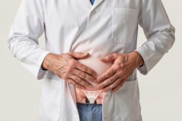 Illustration médicale sobre montrant un homme adulte indiquant la région de l’aine, avec un schéma anatomique discret d’une hernie inguinale dans la paroi abdominale sur fond clair.