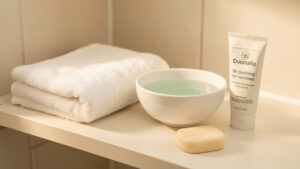 Serviette propre, eau tiède, savon doux sans parfum et crème apaisante disposés dans une salle de bains lumineuse pour évoquer une hygiène prudente et le confort.