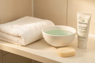 Serviette propre, eau tiède, savon doux sans parfum et crème apaisante disposés dans une salle de bains lumineuse pour évoquer une hygiène prudente et le confort.