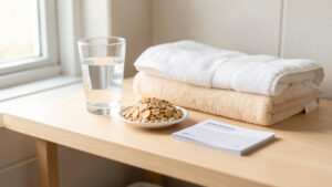 Scène de bien-être dans une salle de bains propre avec un verre d’eau, des aliments riches en fibres et une serviette chaude.
