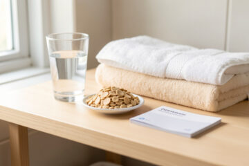 Scène de bien-être dans une salle de bains propre avec un verre d’eau, des aliments riches en fibres et une serviette chaude.