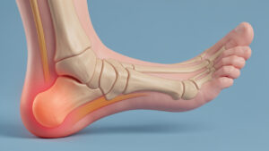 Illustration médicale d’un pied gauche montrant différentes zones possibles de douleur autour du talon, notamment sous le talon, sur sa face interne et près du tendon d’Achille.