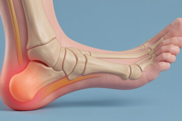 Illustration médicale d’un pied gauche montrant différentes zones possibles de douleur autour du talon, notamment sous le talon, sur sa face interne et près du tendon d’Achille.