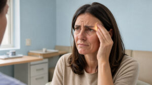 Femme adulte touchant doucement sa tempe gauche pour illustrer une douleur localisée, dans un environnement médical calme.