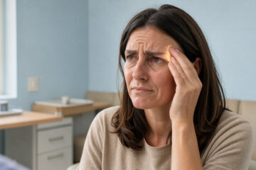 Femme adulte touchant doucement sa tempe gauche pour illustrer une douleur localisée, dans un environnement médical calme.