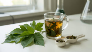 Feuilles fraîches de corossol disposées à côté d’une tasse en verre contenant une tisane, dans une ambiance sobre évoquant l’évaluation de ses effets sur la santé.