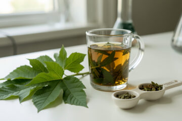 Feuilles fraîches de corossol disposées à côté d’une tasse en verre contenant une tisane, dans une ambiance sobre évoquant l’évaluation de ses effets sur la santé.
