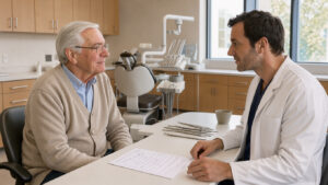Un patient senior échange calmement avec un chirurgien-dentiste dans un cabinet moderne et lumineux, avec un document vierge posé sur le bureau.
