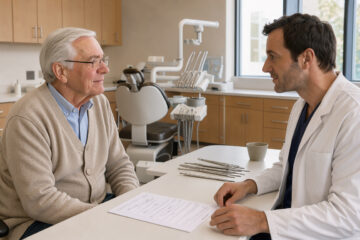 Un patient senior échange calmement avec un chirurgien-dentiste dans un cabinet moderne et lumineux, avec un document vierge posé sur le bureau.