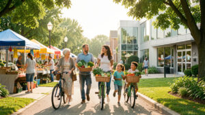 Illustration réaliste et lumineuse montrant une femme âgée, un homme d’âge mûr, une jeune femme et deux enfants dans un quartier inclusif avec marché, parc verdoyant et centre de santé.