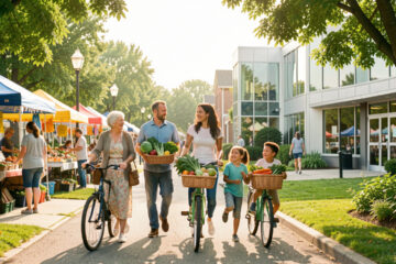 Illustration réaliste et lumineuse montrant une femme âgée, un homme d’âge mûr, une jeune femme et deux enfants dans un quartier inclusif avec marché, parc verdoyant et centre de santé.