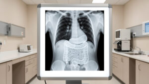 Radiographie abdominale montrant une accumulation de matières fécales dans le côlon, dans un contexte médical pédagogique.