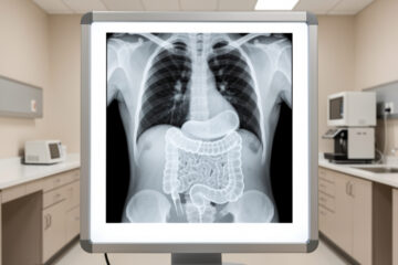 Radiographie abdominale montrant une accumulation de matières fécales dans le côlon, dans un contexte médical pédagogique.