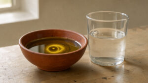 Nature morte éducative montrant un petit bol d’huile près d’un verre d’eau, avec un reflet en forme d’œil symbolisant les croyances populaires.