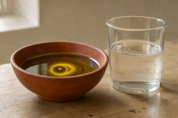 Nature morte éducative montrant un petit bol d’huile près d’un verre d’eau, avec un reflet en forme d’œil symbolisant les croyances populaires.